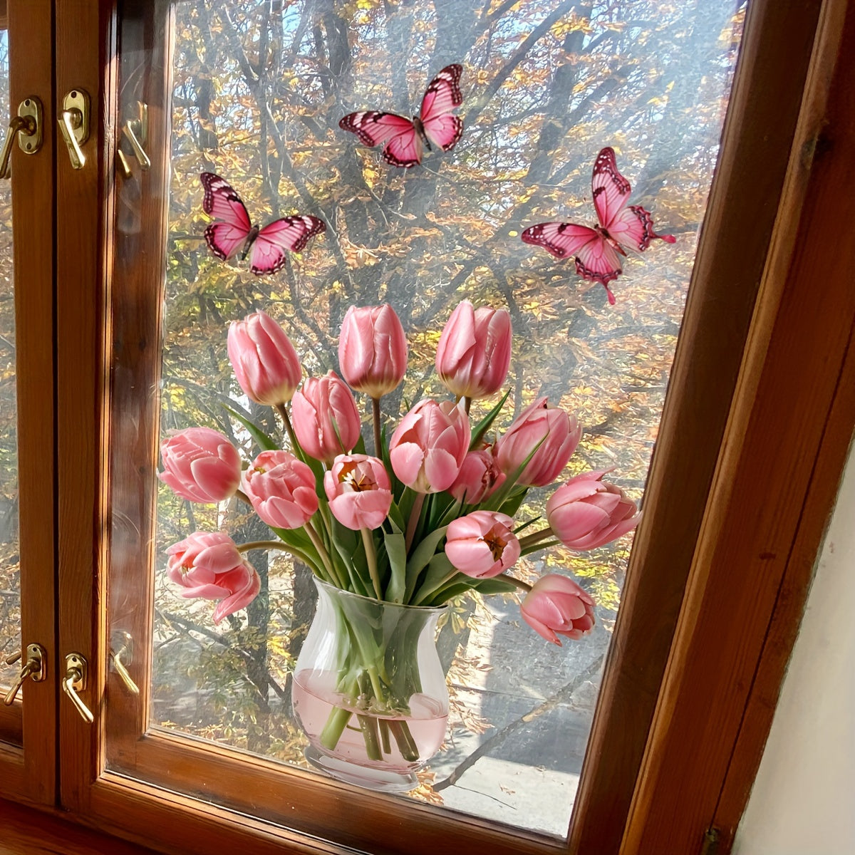 Pink Tulip Butterfly Window Stickers Floral Pattern Reusable Static Cling