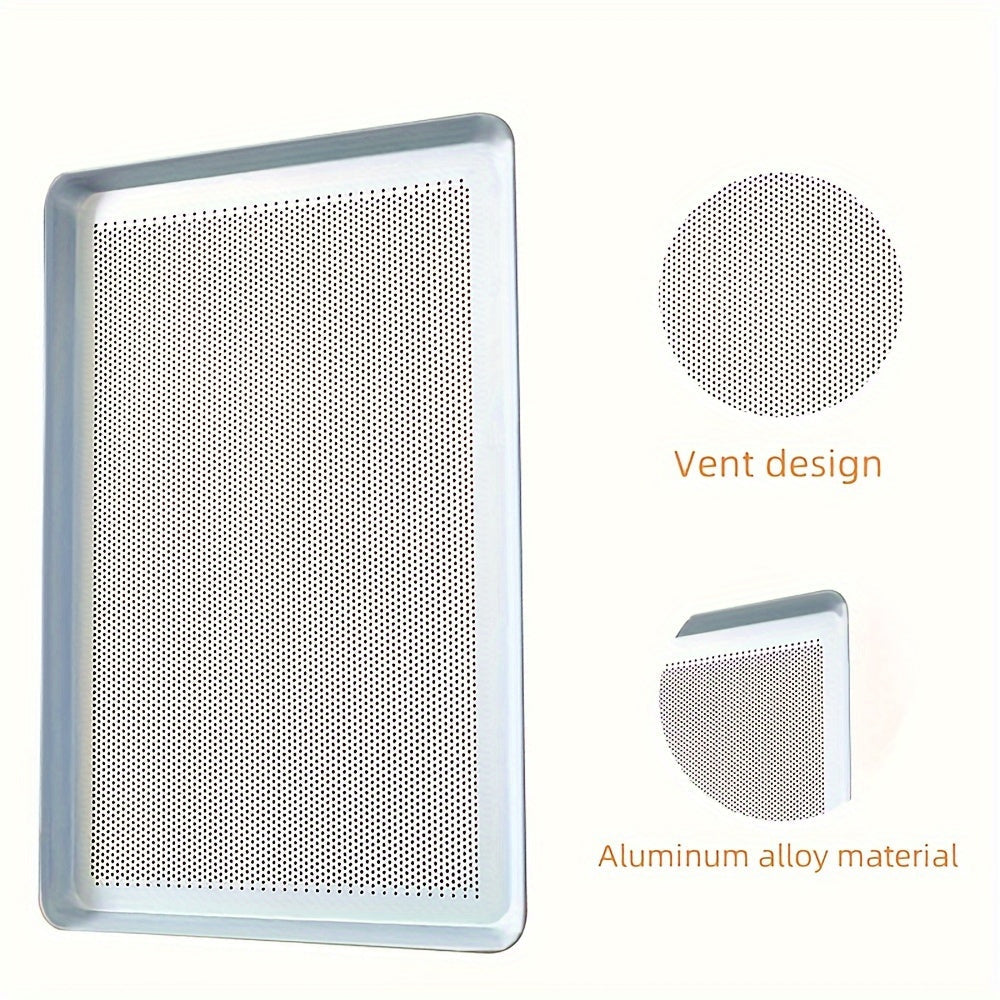 Анодированный противень с антипригарным прямоугольным формой для выпечки, перфорированным дизайном и дышащим серебристым алюминиевым материалом для инструментов для выпечки в духовке.