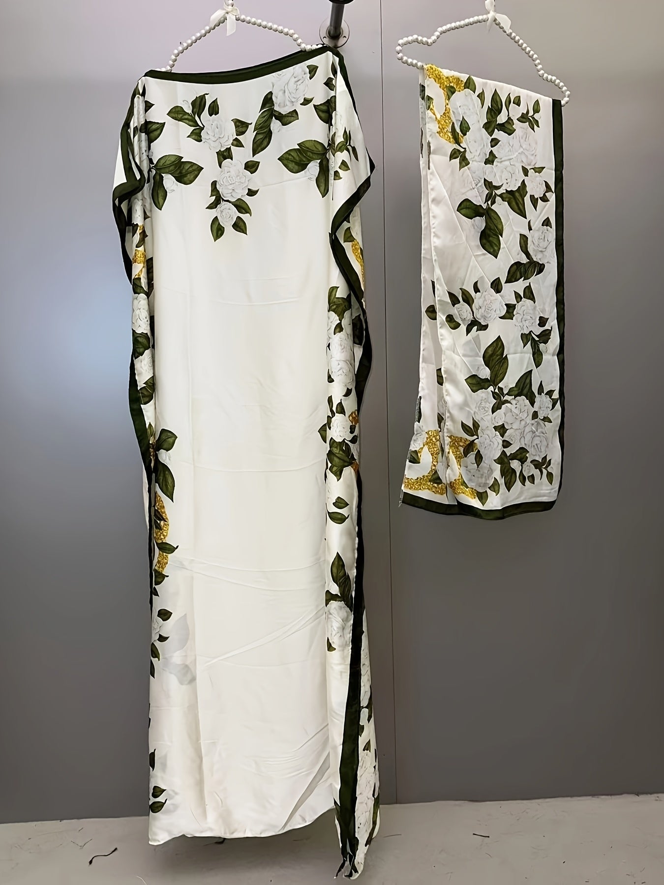 Women's Abaya Maxi Dress Floral Green White Black Modest Muslim Formal Wear