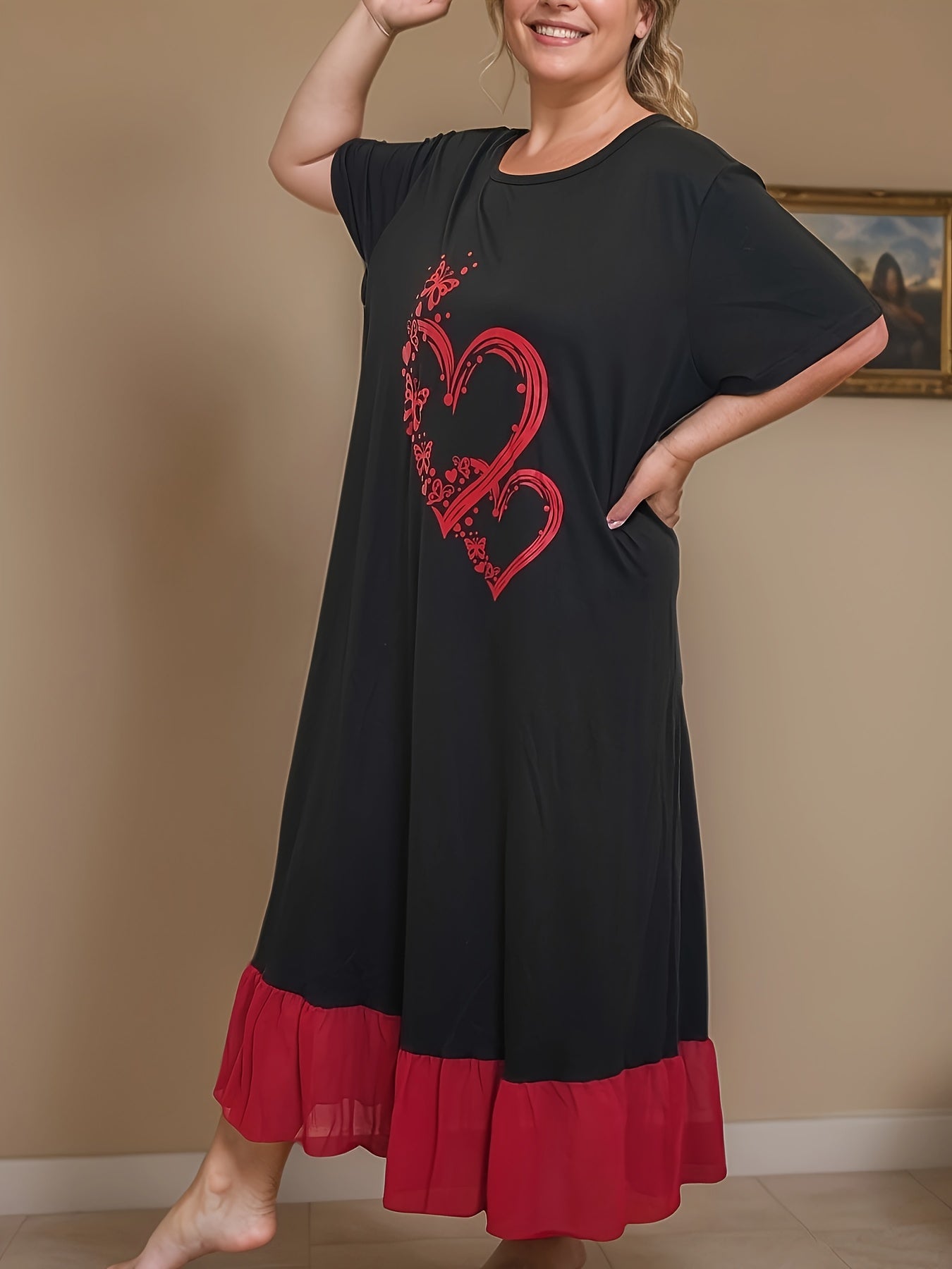 Plus Size Black Chiffon Nightgown with Red Ruffle Hem and Heart