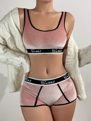 Velvet Lingerie Set for Women with Letter Print Color Block Design for Fall Winter