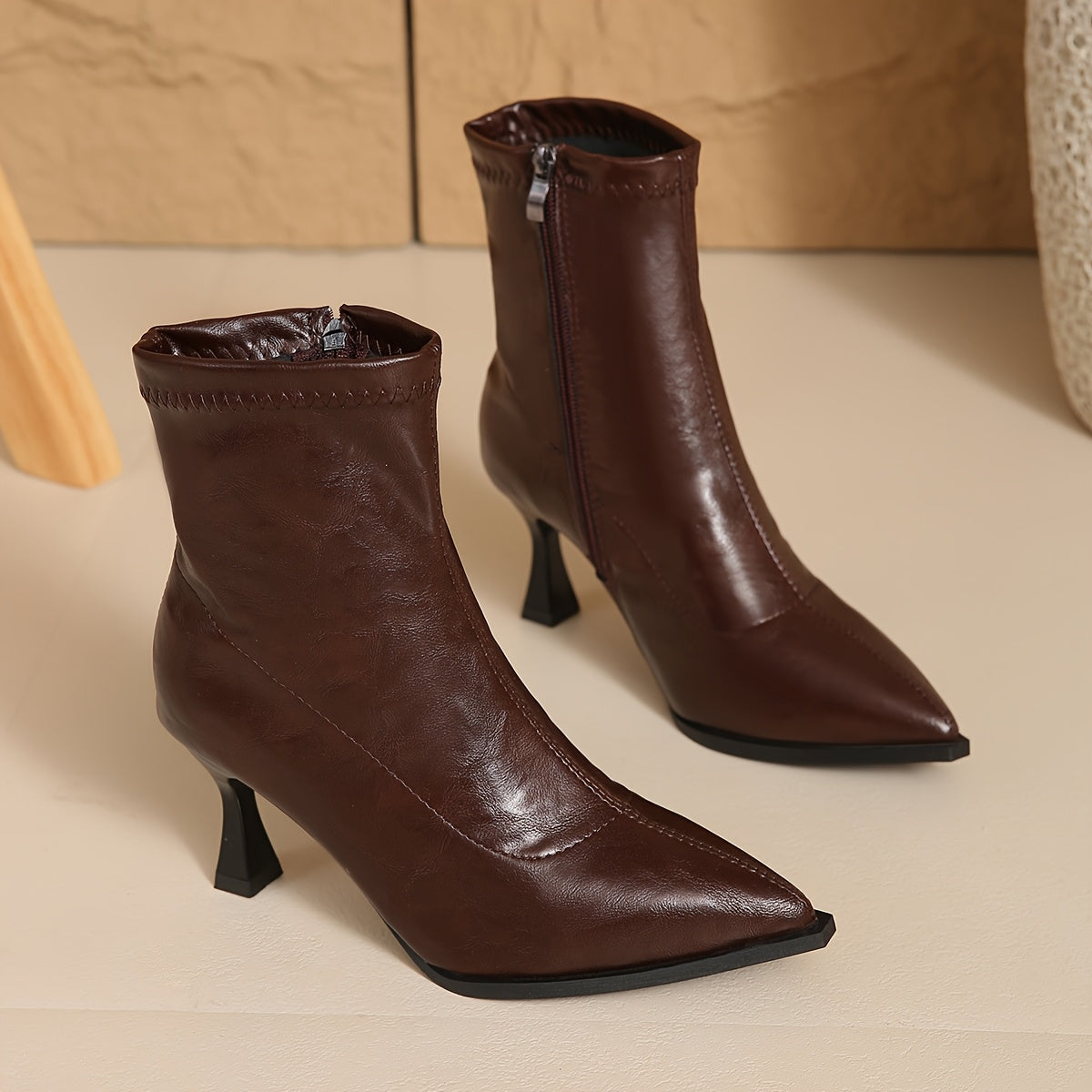 Women's Faux Leather Pointed Toe Ankle Boots with Zipper Non-Slip Sole Black Brown