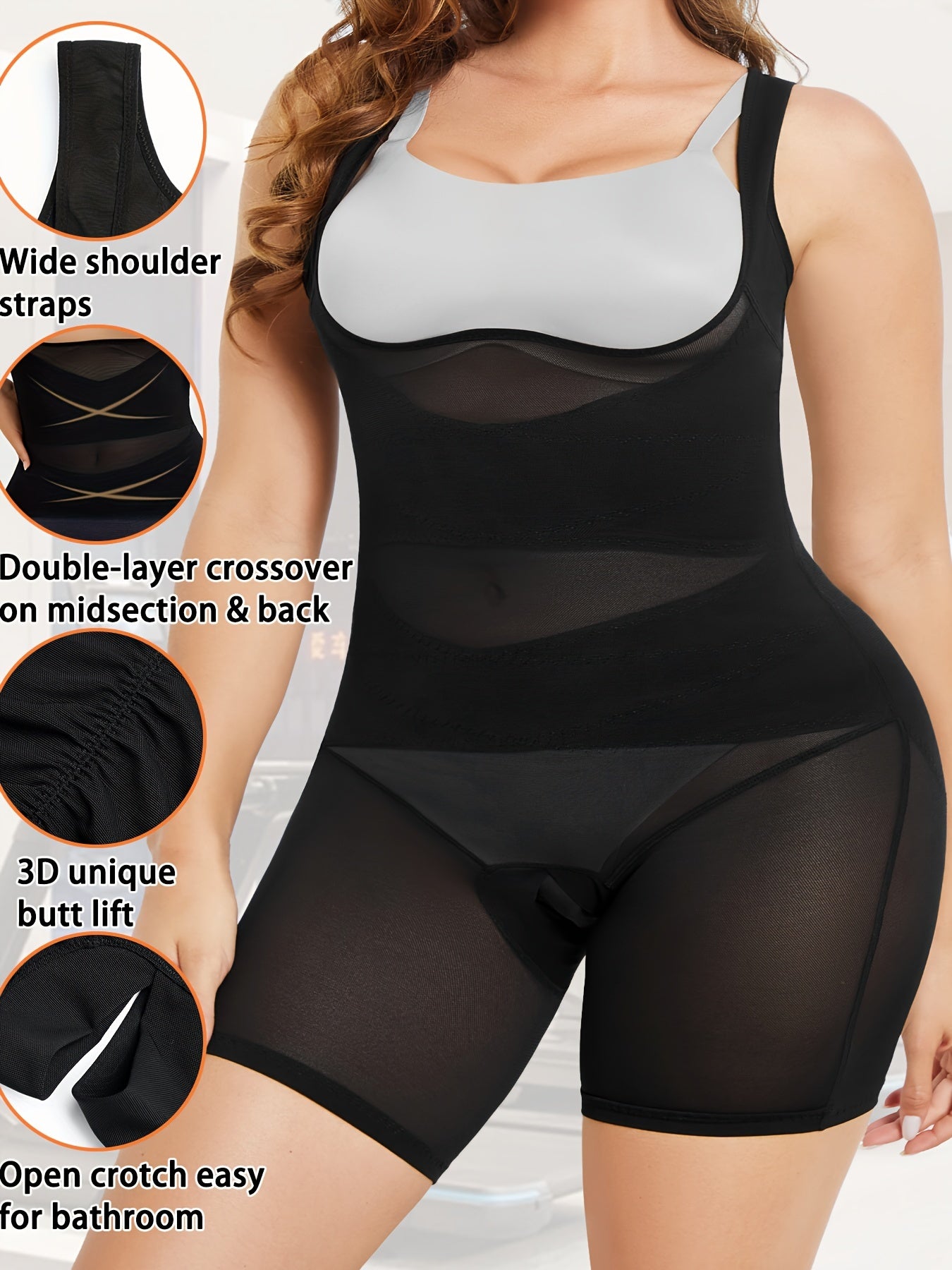 Plus Size Womens Breathable Sports Bodysuit Mesh Shorts Style Butt Lift Thigh Slimming