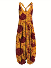 Plus Size Floral Print Sleeveless Slip Jumpsuit Casual V Neck Women