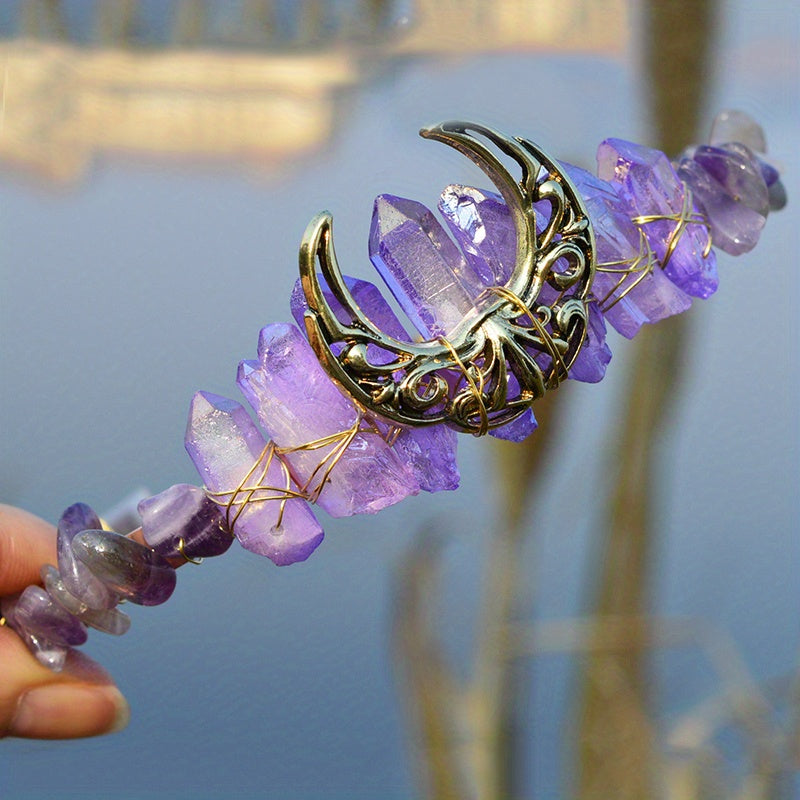 Women's Hair Accessory Headband with Natural Crystal and Moon Tiara Design