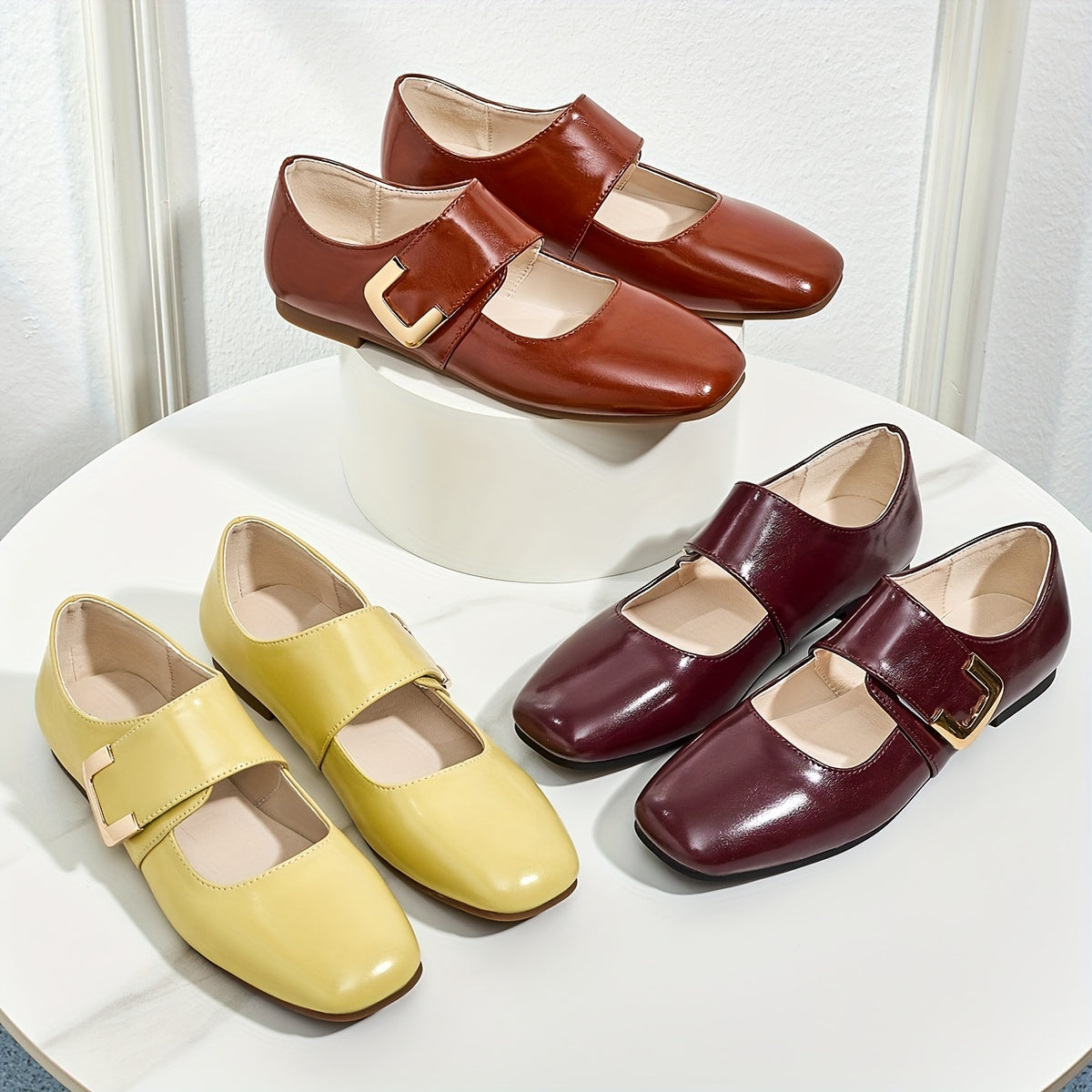 Women's Mary Jane Flats Faux Leather Square Toe College Style All-Season Non-Slip