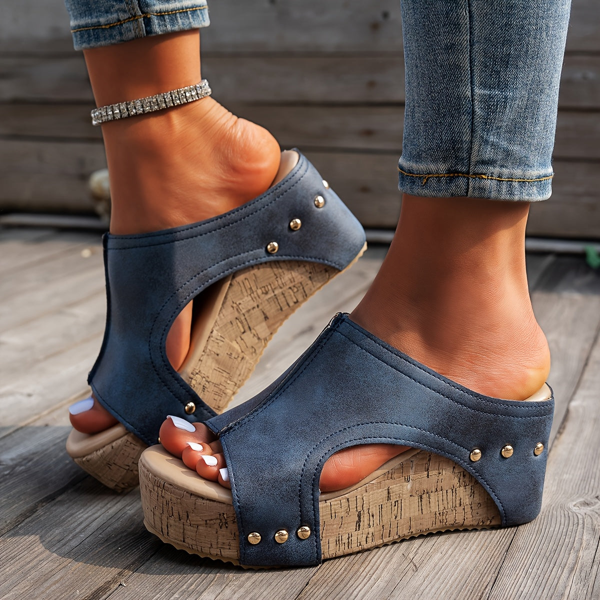 Women's Faux Leather Wedge Sandals Open Toe Slip-On Platform Shoes