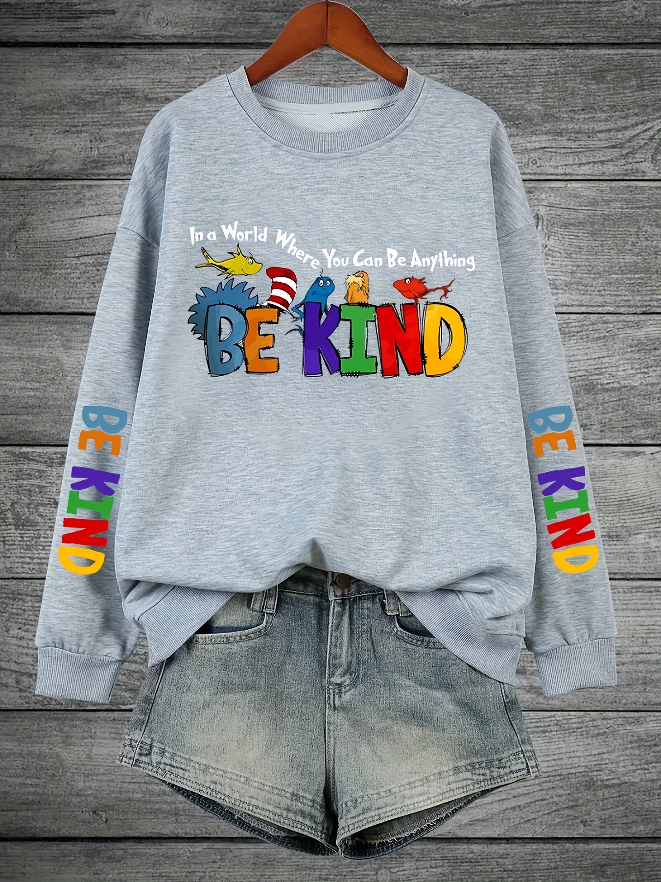 Plus Size Animal Alphabet Print Sweatshirt Casual Crew Neck Pullover Polyester Knit Fall Winter Cozy Top