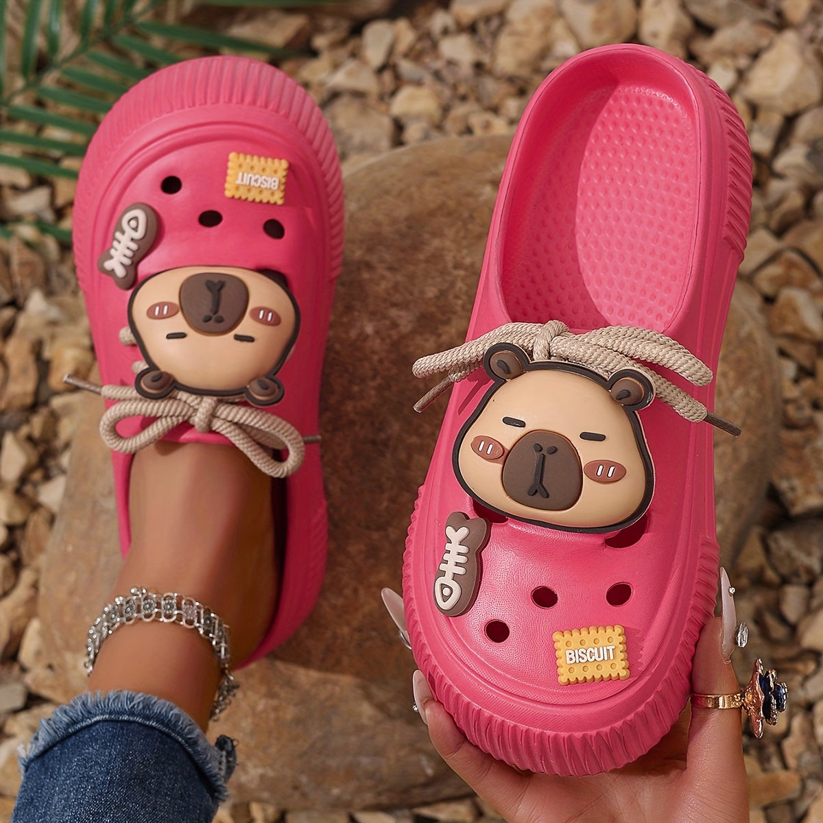 Women's Summer White EVA Clogs with Bear Charm and Thick Sole