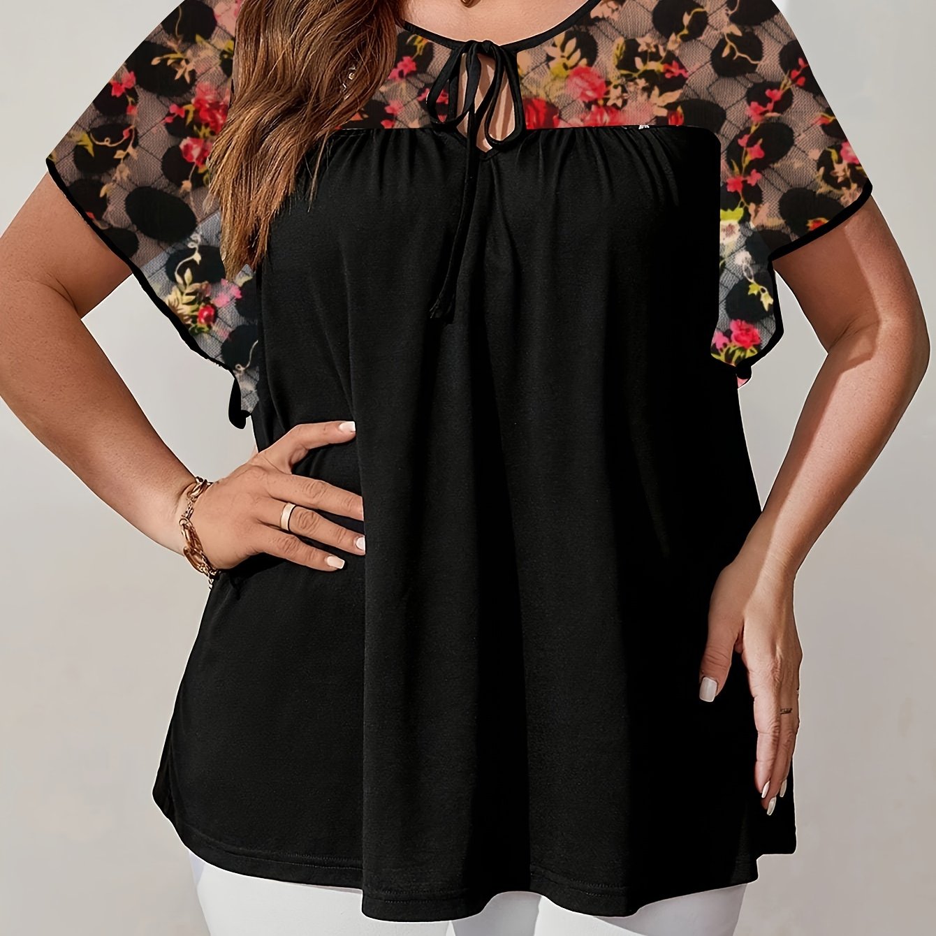 Plus Size Women's Black Floral Blouse with Tie-Front and Butterfly Sleeves