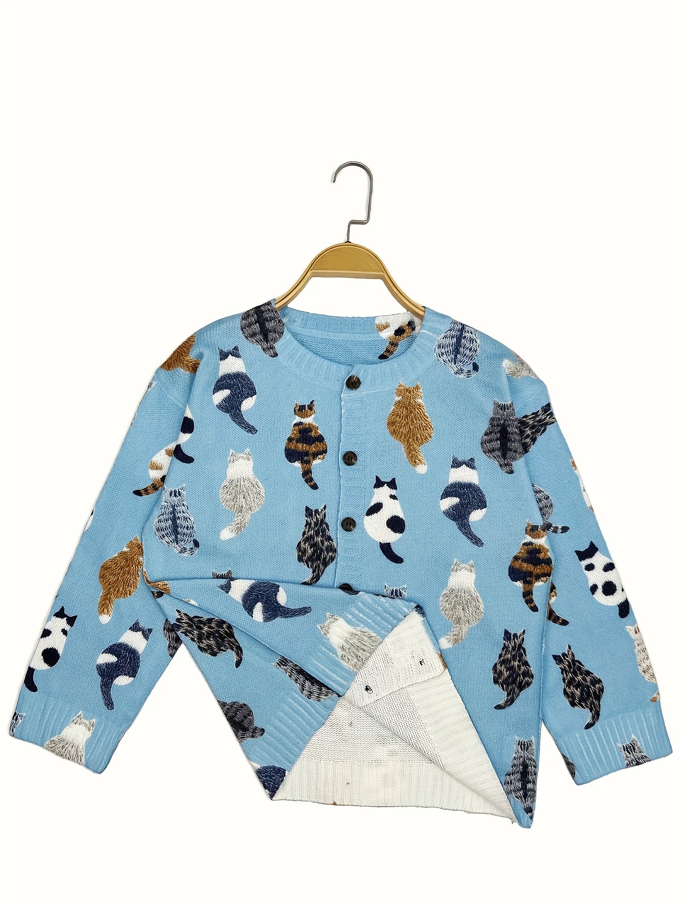 Plus Size Women's Light Blue Cat Print Cardigan Long Sleeve Open Front Sweater