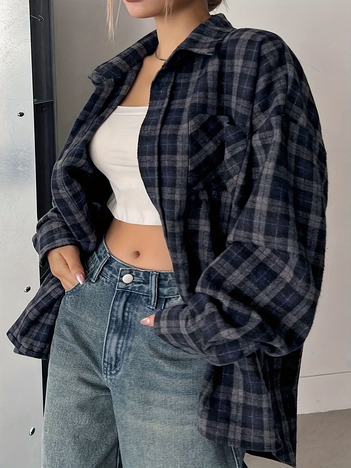 Women's Plus Size Plaid Long Sleeve Button Front Shirt