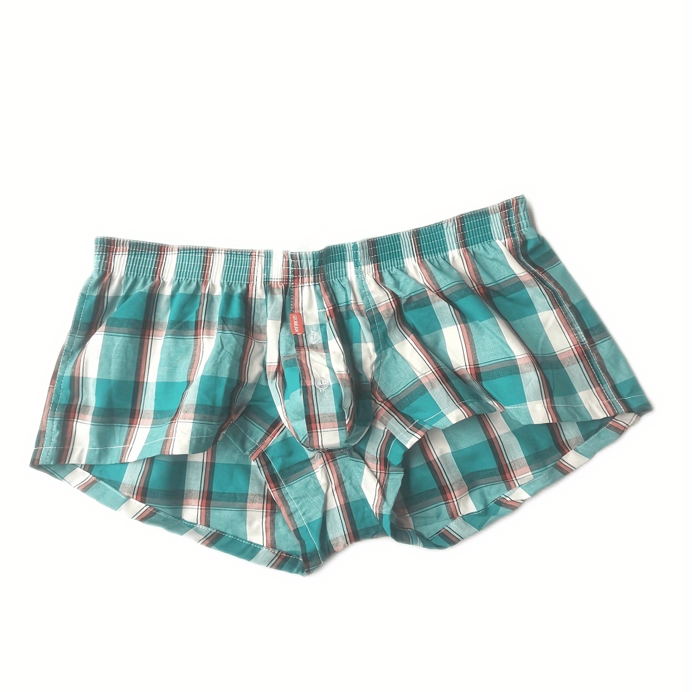 Men's Low Waist Cotton Plaid Underwear with Front Button Opening Shortie