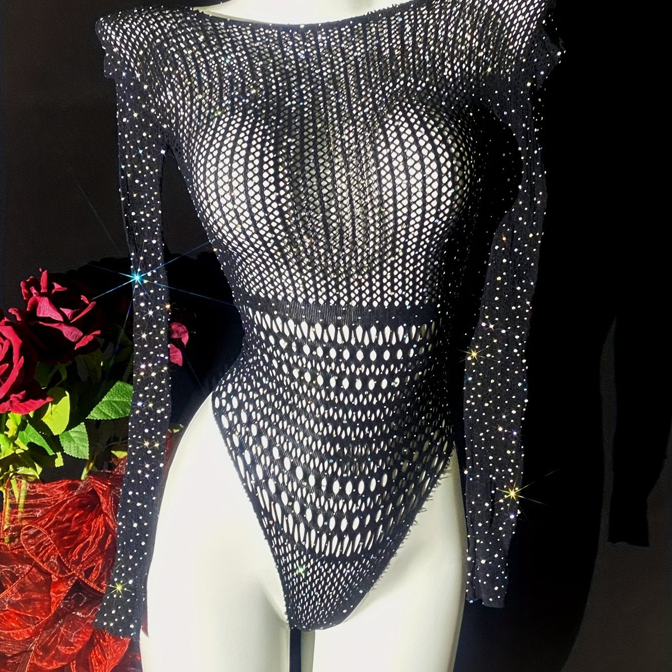 Women's Rhinestone Bodysuit Long Sleeve Hollow Out Festival Swimwear