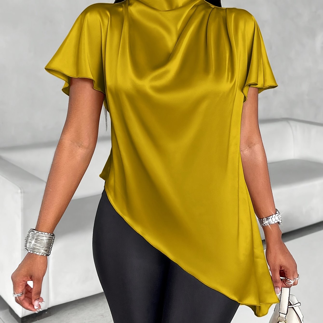 Women's Satin Blouse with Batwing Sleeves, Asymmetrical Hem, Solid Color