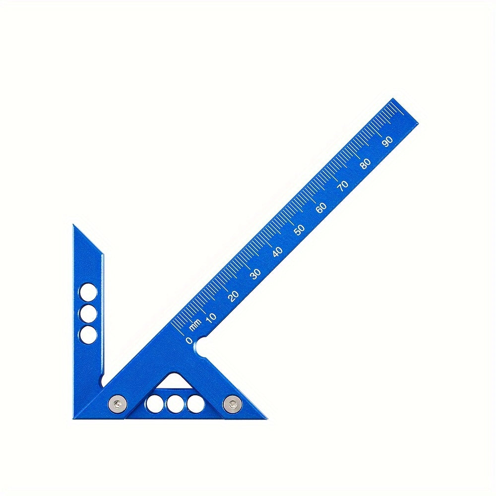 Regla de carpintería de aleación de aluminio azul con centro de marcado y medidas en pulgadas y cm