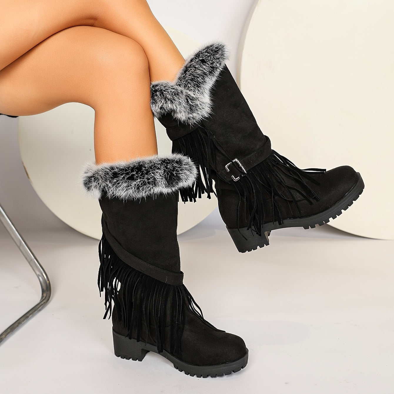 Женские зимние сапоги до середины икры с искусственным мехом, бахромой, в стиле combat, на slip-on, с круглым носком