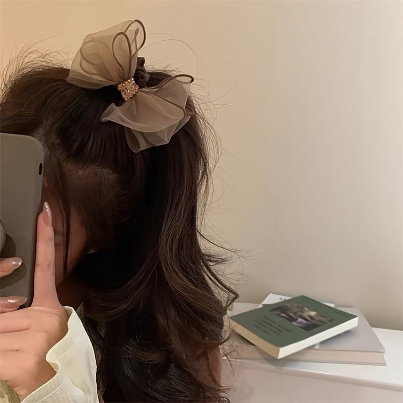 Vintage Polyester Rhinestone Mesh Bow Hair Ties Set of 1 2 3 for Women