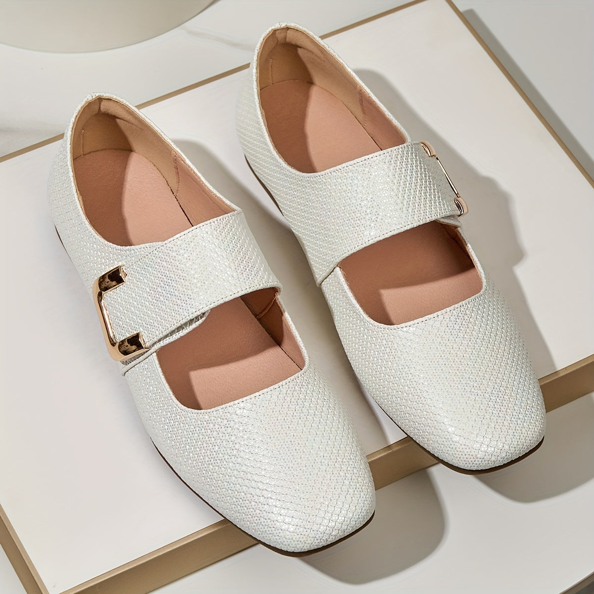 Women's Mary Jane Flats Square Toe Non-Slip Soft Sole Casual Shoes in White Beige Yellow