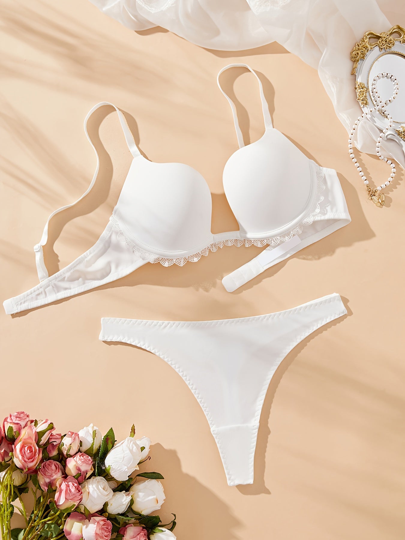 Women's Lace Lingerie Set with Scoop Plunge Bra and Thong Panties