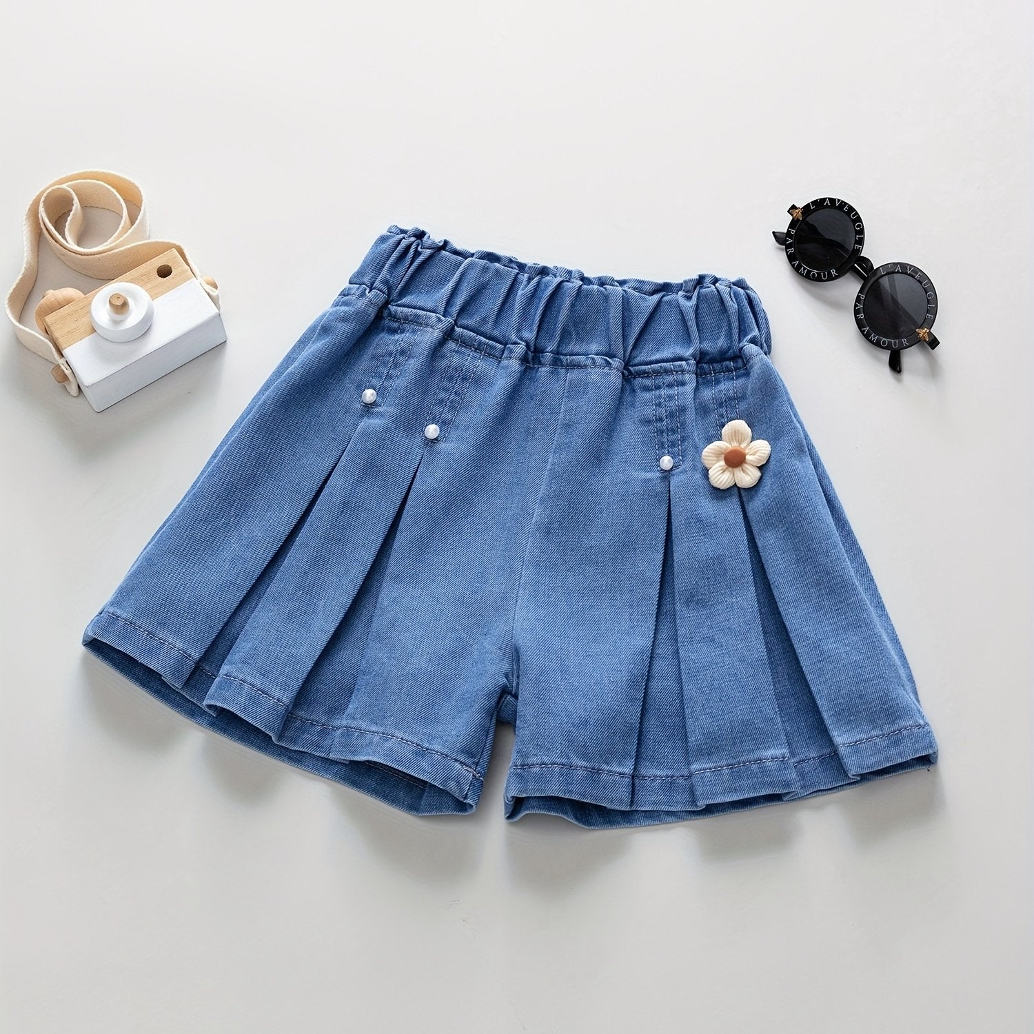Girls' Denim Pleated Skirt and Ruffled Shorts for Summer with Elastic Waist