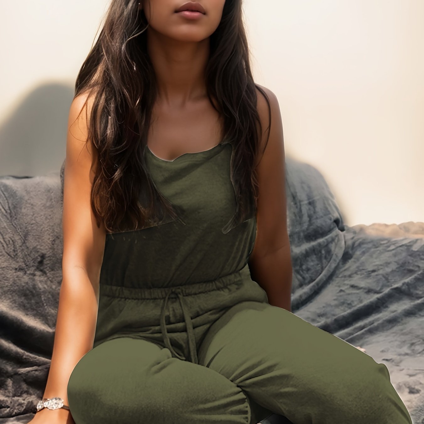 Women's Gray Sleeveless Jumpsuit with Tied Foot Casual Home and Outdoor Wear