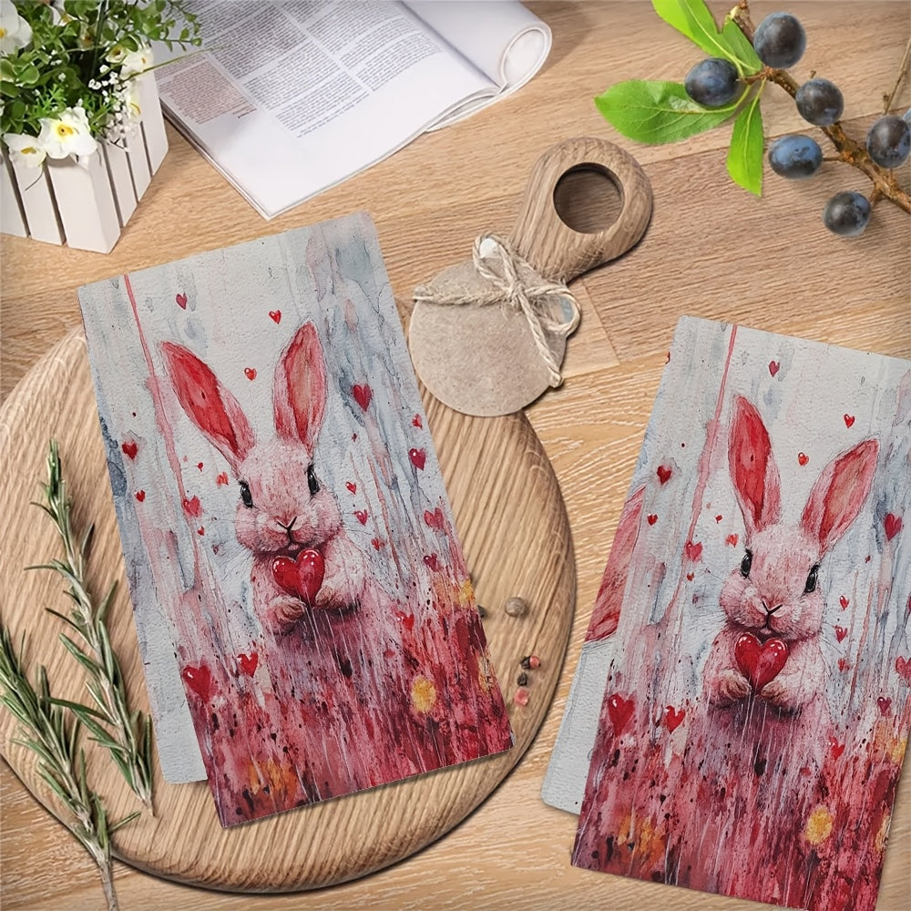 Valentine's Day Bunny Kitchen Towels Set, Coastal Style, Absorbent, 16x24 Inches