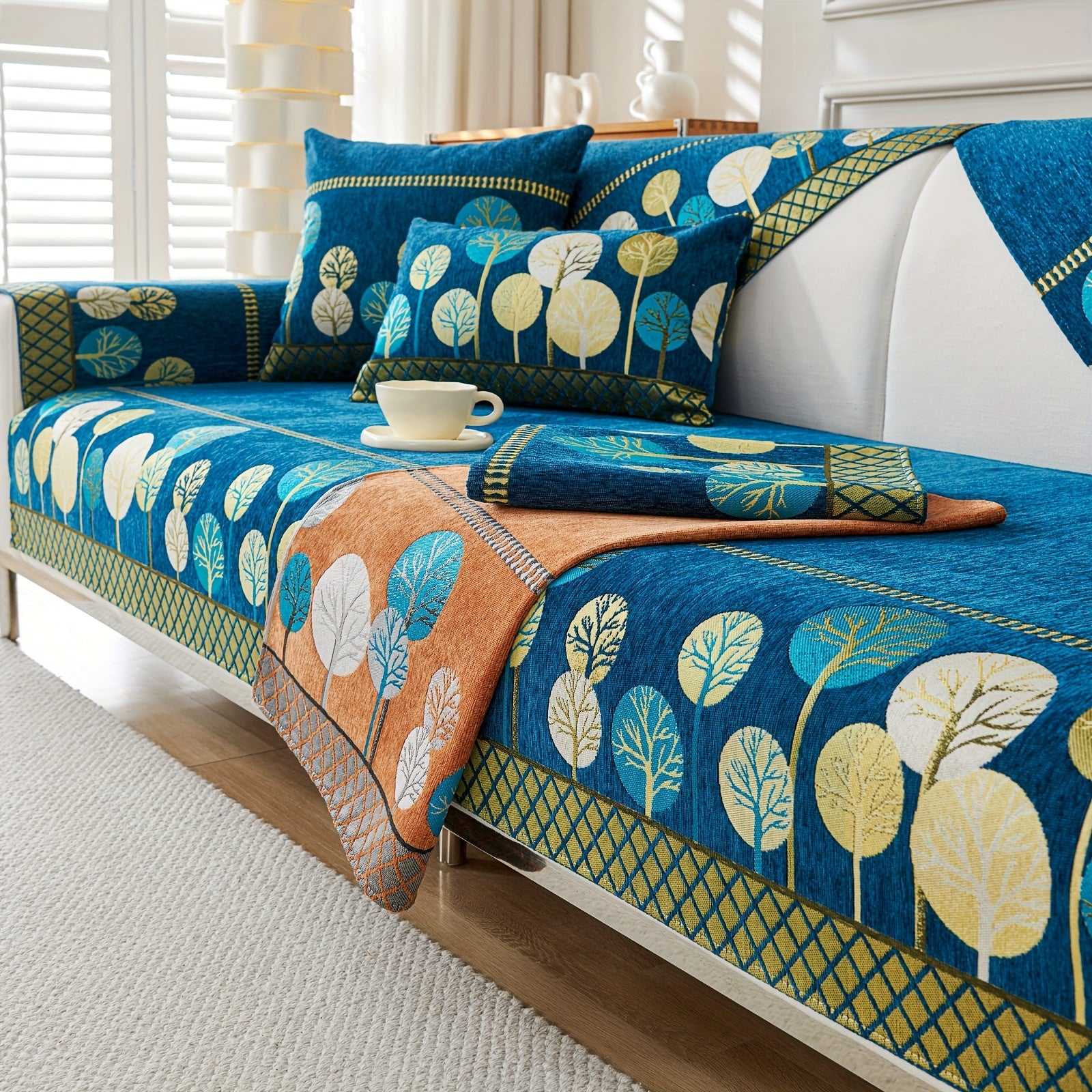 Boho Chic Jacquard Chenille Sofasi Qoplamasi Oygʻon Daraxt Mavzusi Boshqalar uchun Yoqimli Qattiq Yuvilishi Oʻz-oʻzidan yopishmaydigan Bardoshli Qalinlashtirilgan 4 oʻrindiqli kresloni mos keladi