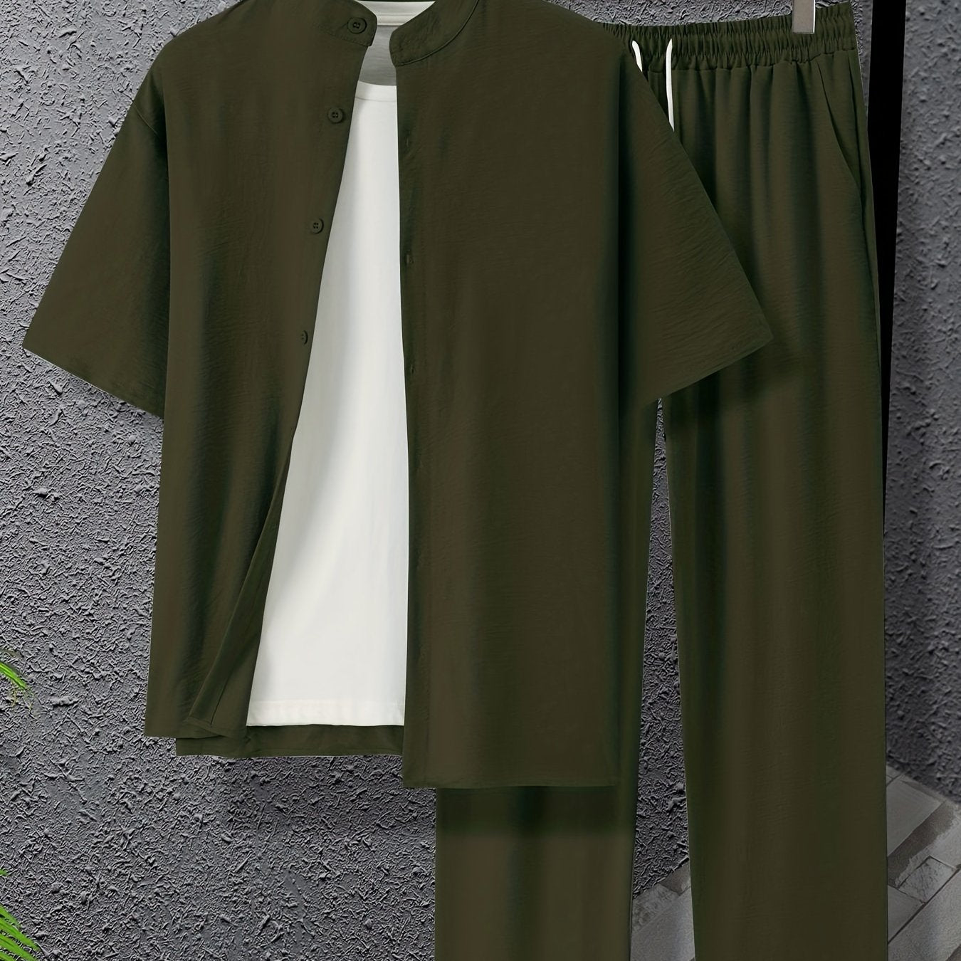 Conjunto de camisa de botones con cuello band y pantalones con cordón de talla grande para hombres, ideal para deportes y ocio