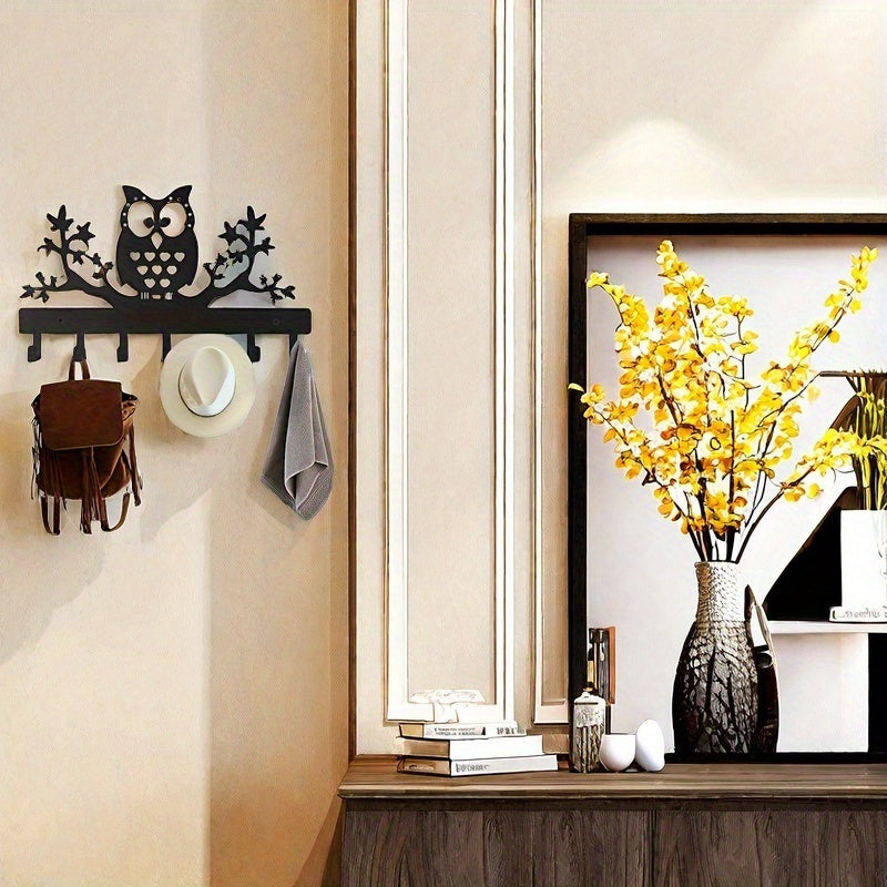 Wall-Mounted Iron Owl Coat Hook with Seven Hooks for Entryway Storage