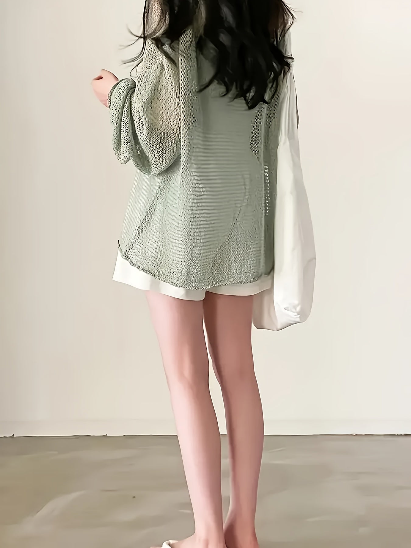 Plus Size Women Light Green V-Neck Cardigan Long Sleeve Loose Fit