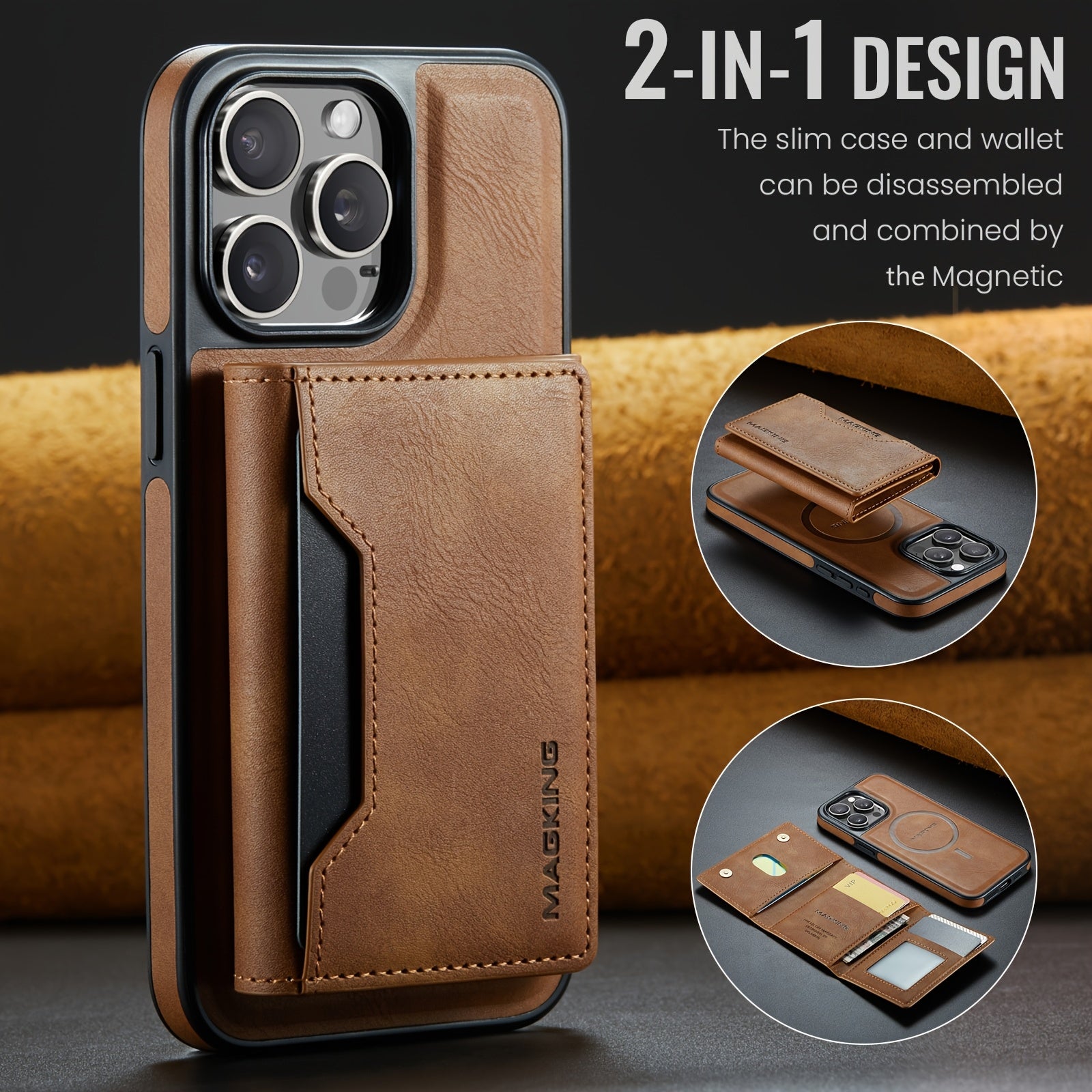 Faux Leather Magnetic Wallet Case for iPhone Pro Max with Card Holder RFID Protection Wireless Charging Stand