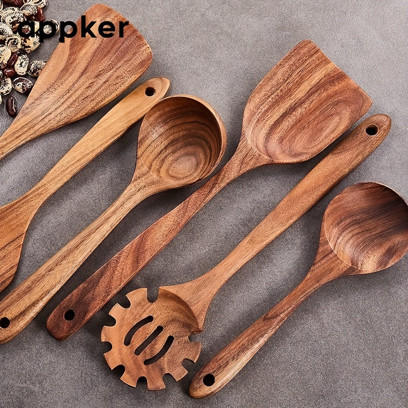 Set of 9 Acacia Wood Kitchen Utensils Including Spoons Spatulas and Noodle Fish Fryers