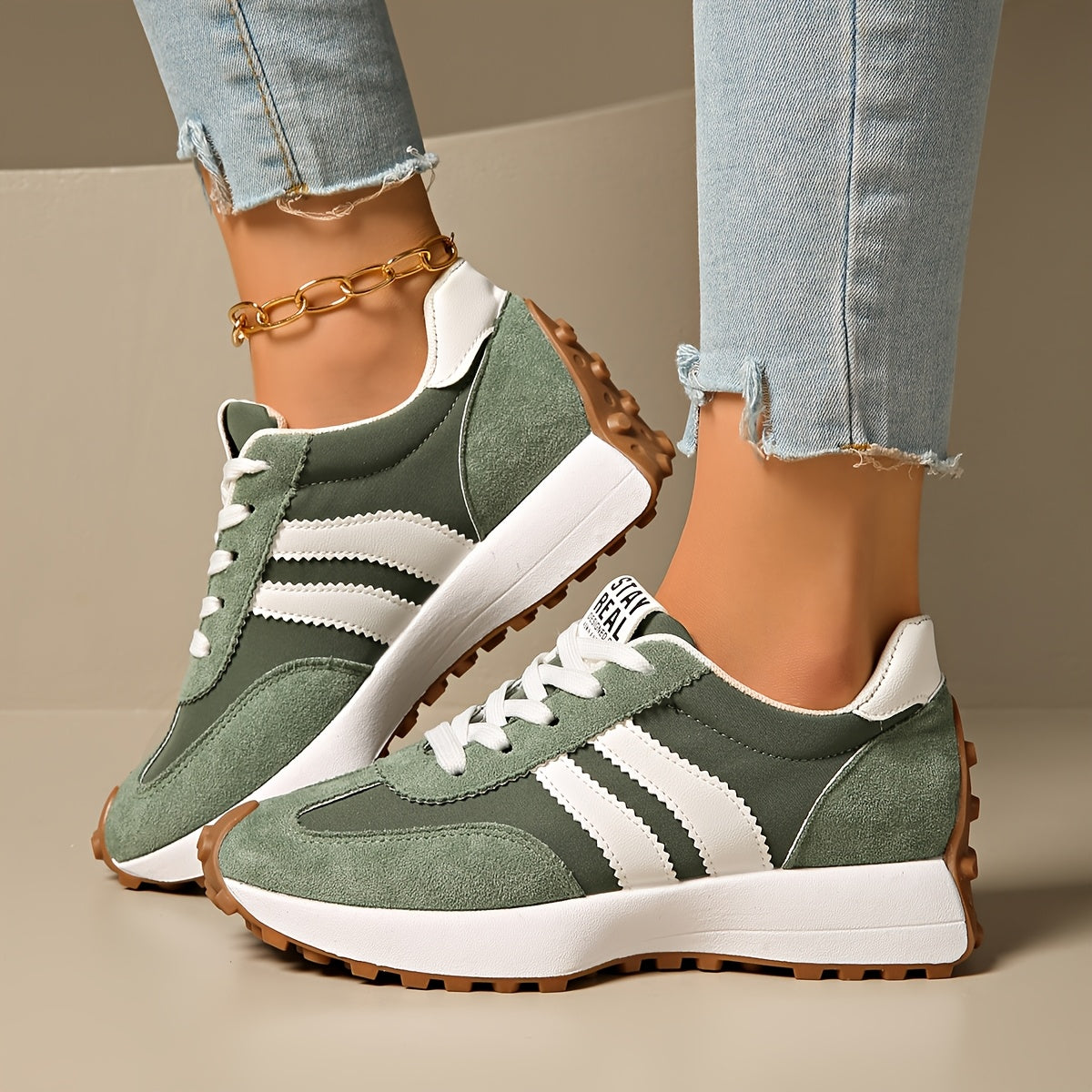 Women’s White Green Casual Sneakers with Rubber Soles and Mesh Panels