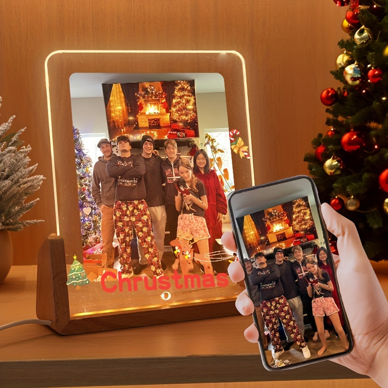 Acrylic Heart-Shaped Christmas Photo Frame Personalized Illuminated Picture Display Stand for Home Decor