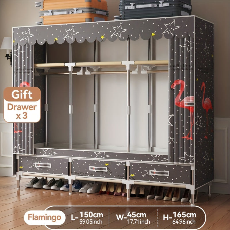 Pink Floral and Bird Pattern Wardrobe Closet with Cover and Metal Frame for Bedroom or Rental Space