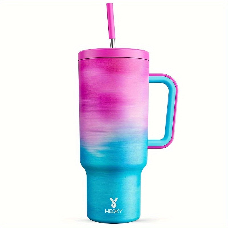 Vaso aislado de acero inoxidable de 40 oz con tapa, pajilla, asa y a prueba de fugas
