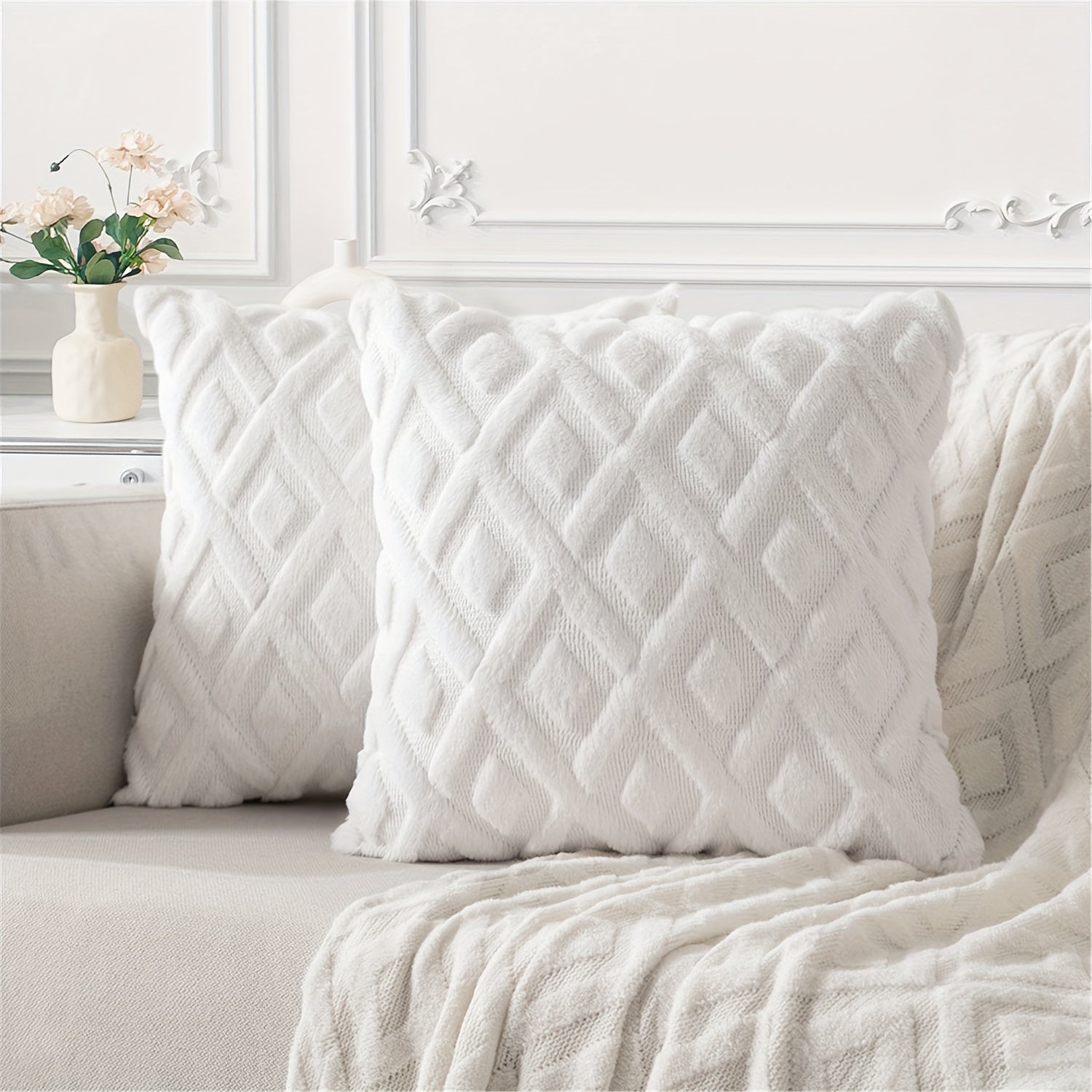 Beige Faux Wool Throw Pillow Covers 18x18 Inches for Couch Sofa Decor