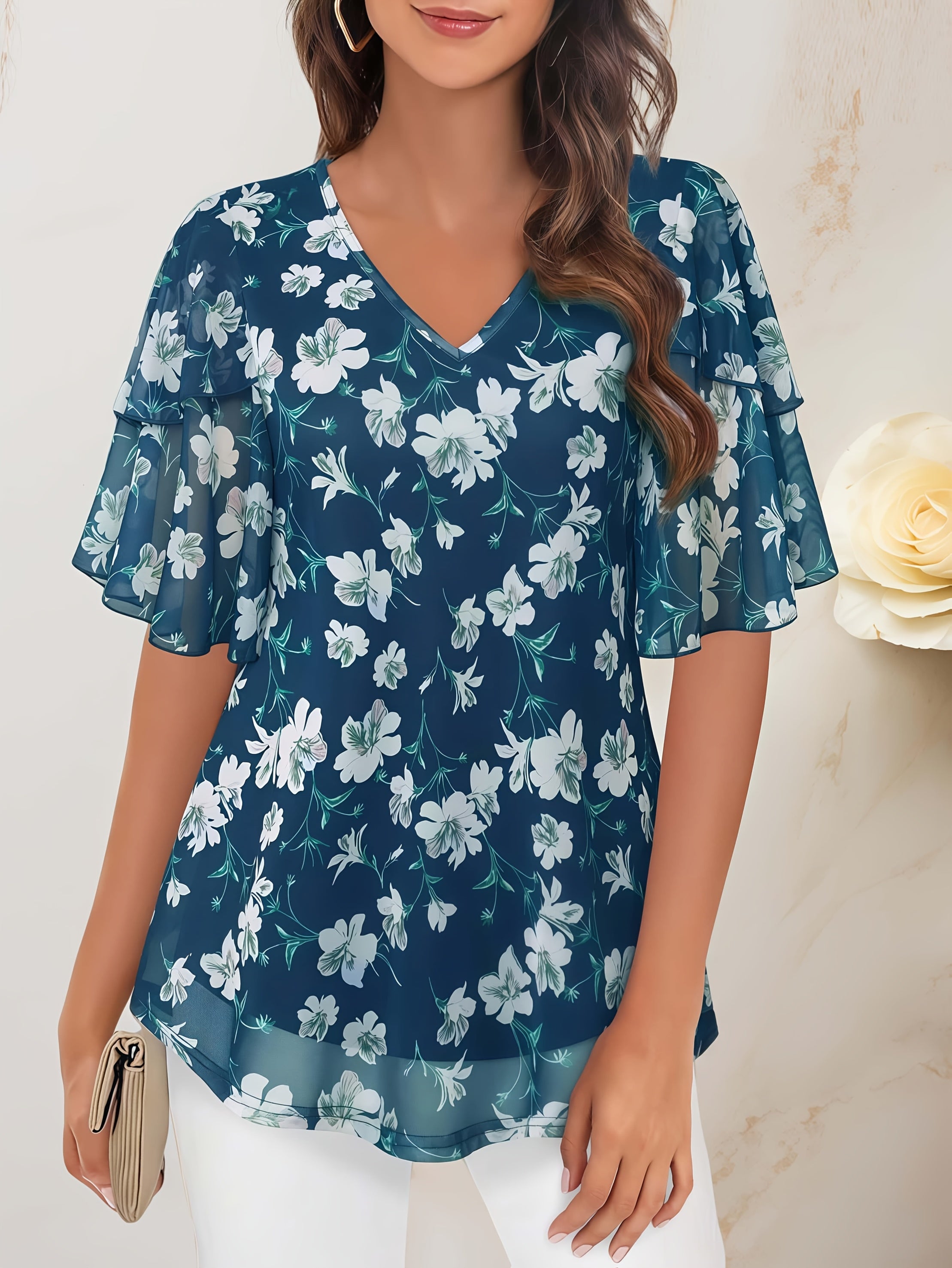 Women's Floral V-Neck Blouse with Ruffle Sleeves, Dark Blue, Short Sleeve