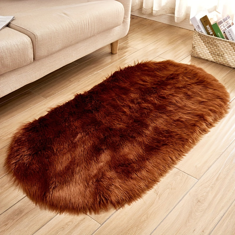 Oval Faux Sheepskin Rug Plush Shaggy Carpet Machine Washable Bedroom Living Room