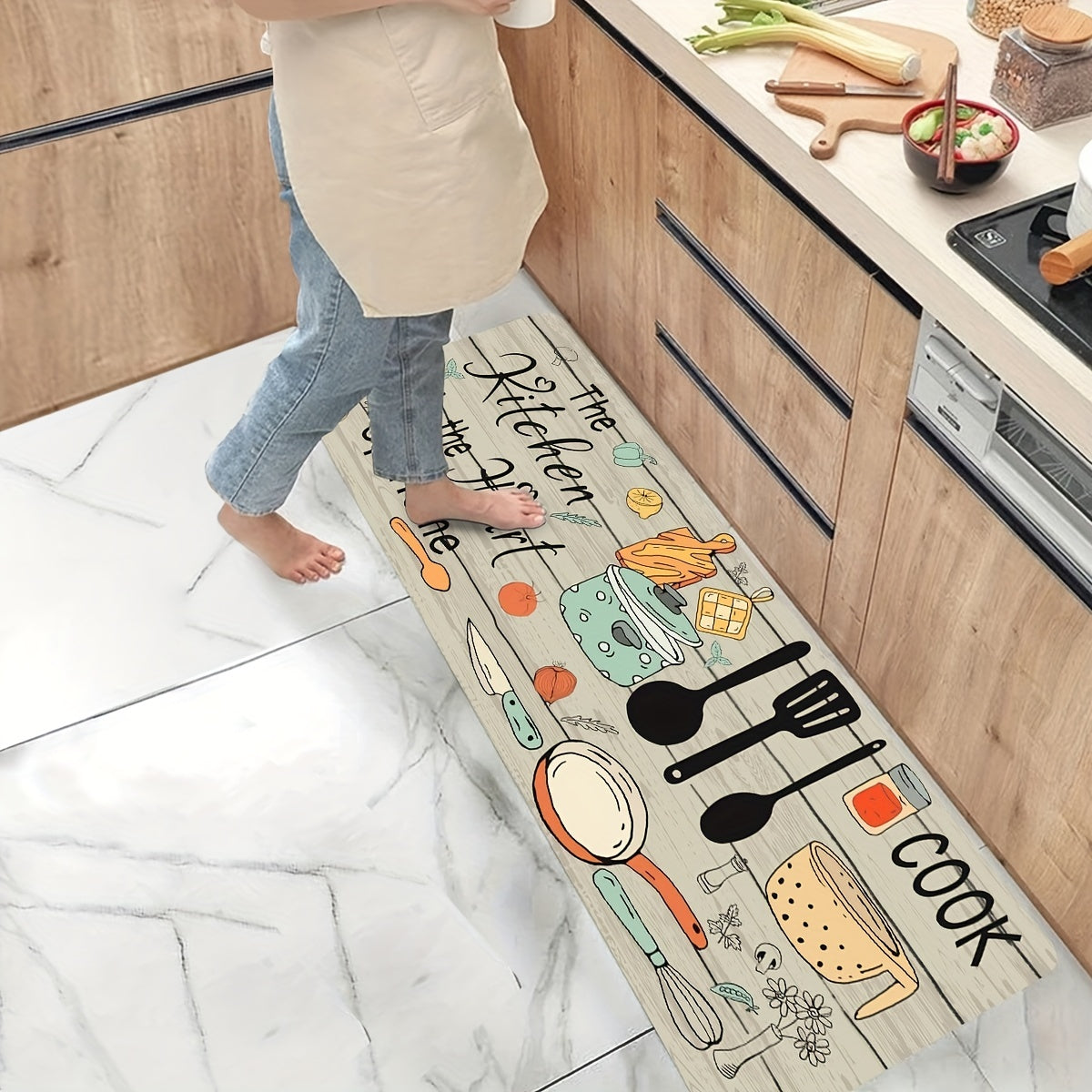 Alfombra moderna de poliéster para cocina con gráficos de cubiertos y letras, lavable a máquina, alfombra rectangular para el suelo para cocina y decoración del hogar