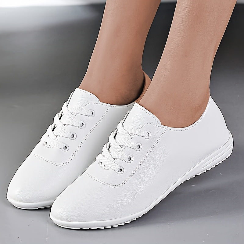Women's White Casual Sneakers Lightweight Non-Slip Round Toe Lace-Up Faux Leather PU Sole