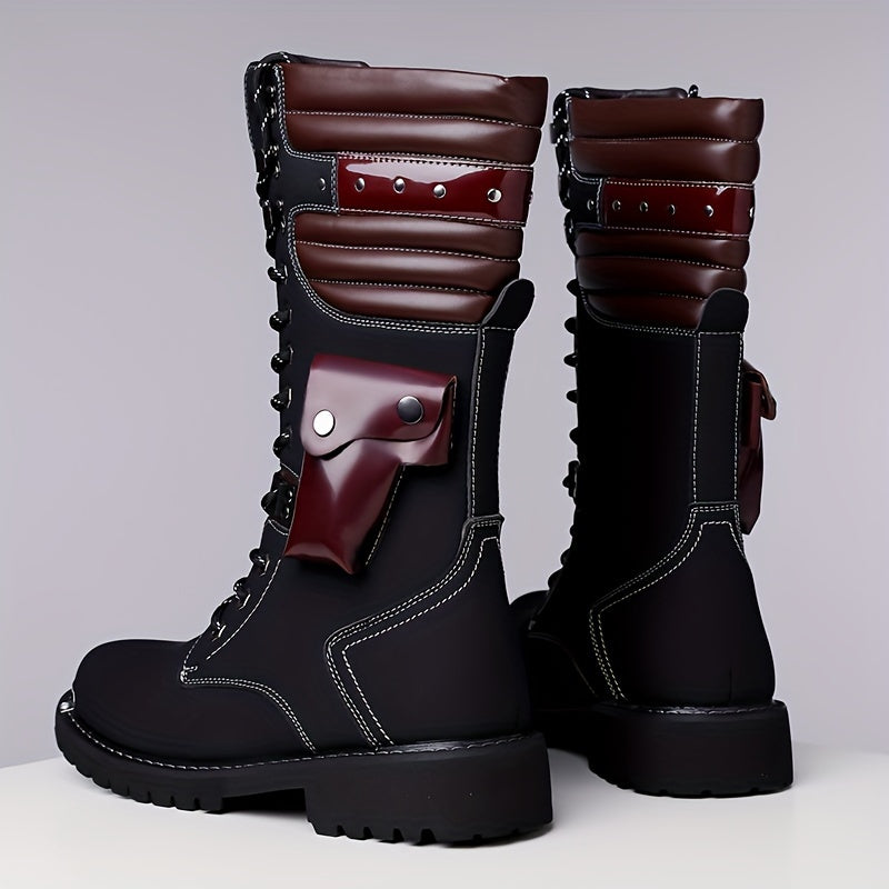Men's High-Top Leather Motorcycle Boots with Non-Slip Soles for Outdoor and Casual Wear