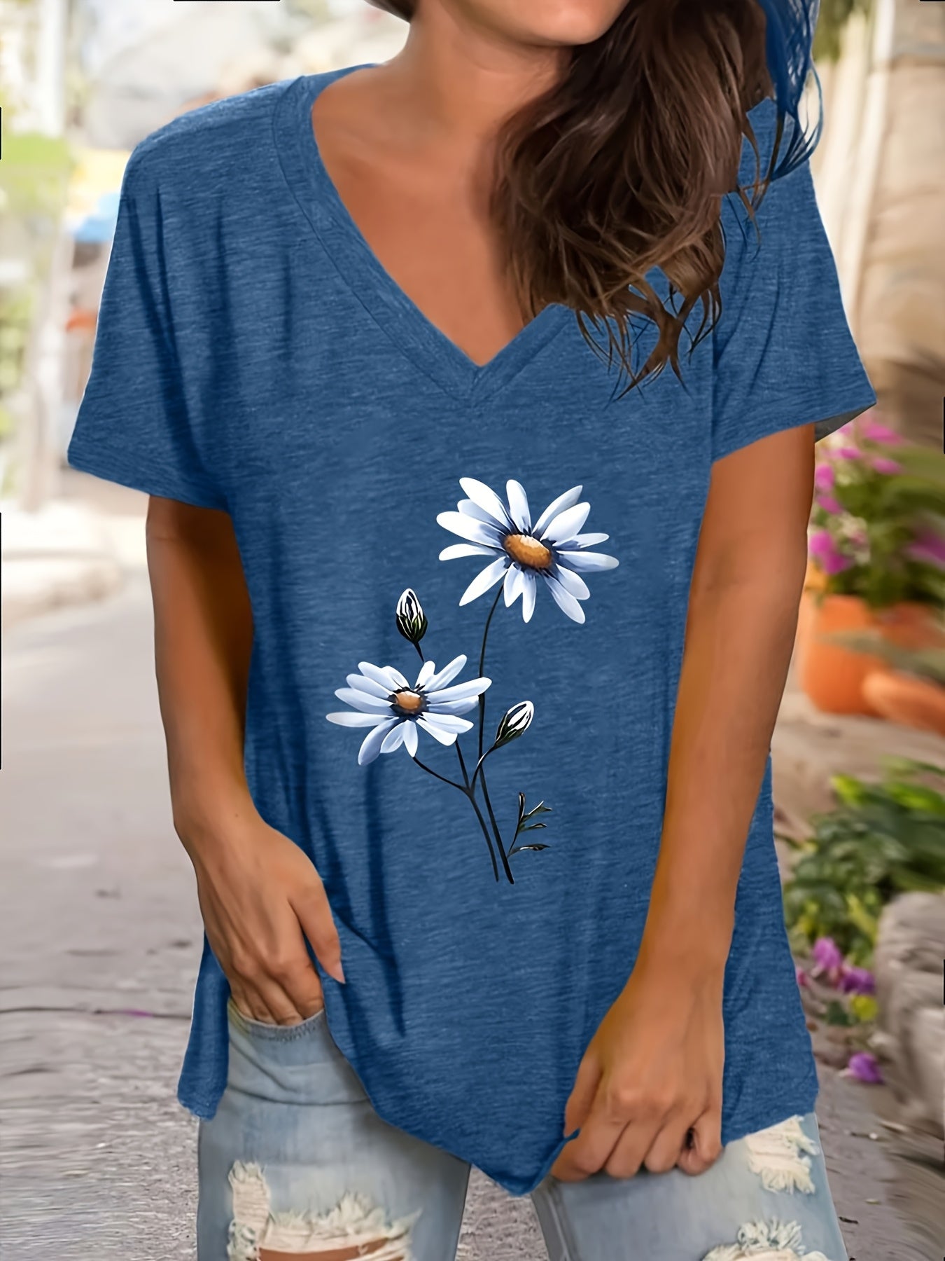 Women's V-Neck Short Sleeve T-Shirt Floral Print Lightweight Polyester Summer Teal