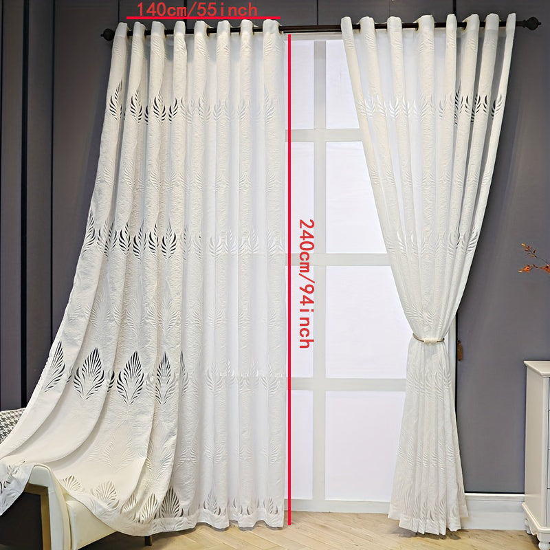White Sheer Curtain with Feather Leaf Jacquard Grommet Top for Living Room Bedroom
