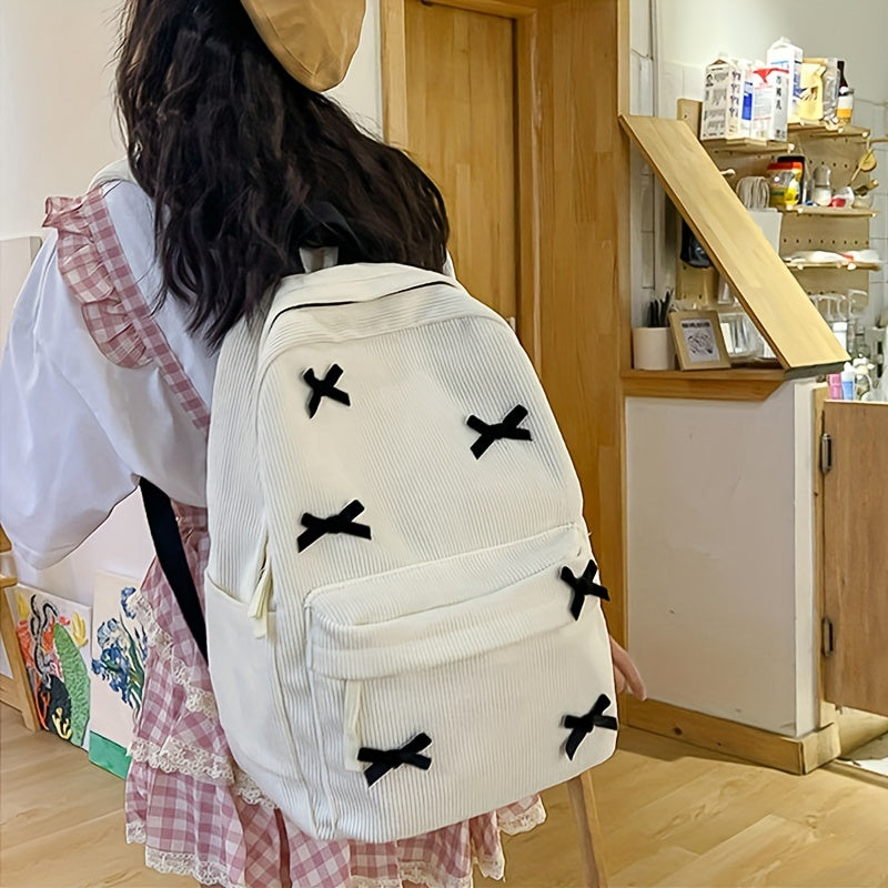 Gran capacidad de corduroy con lazo decoración mochila casual para uso diario