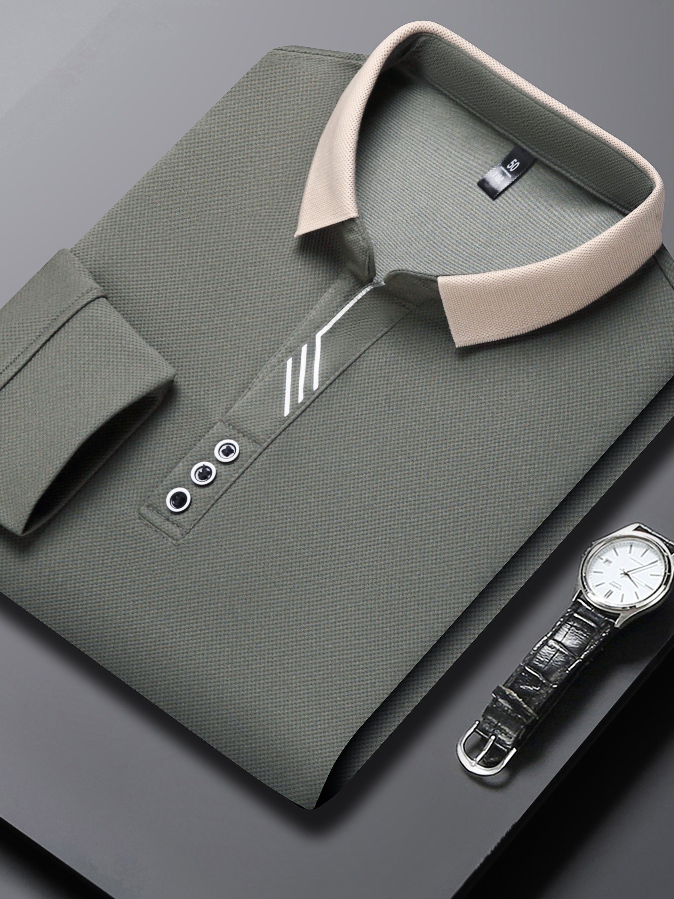 Camisa de golf de manga larga para hombre, punto de poliéster de color sólido, casual, ajuste regular