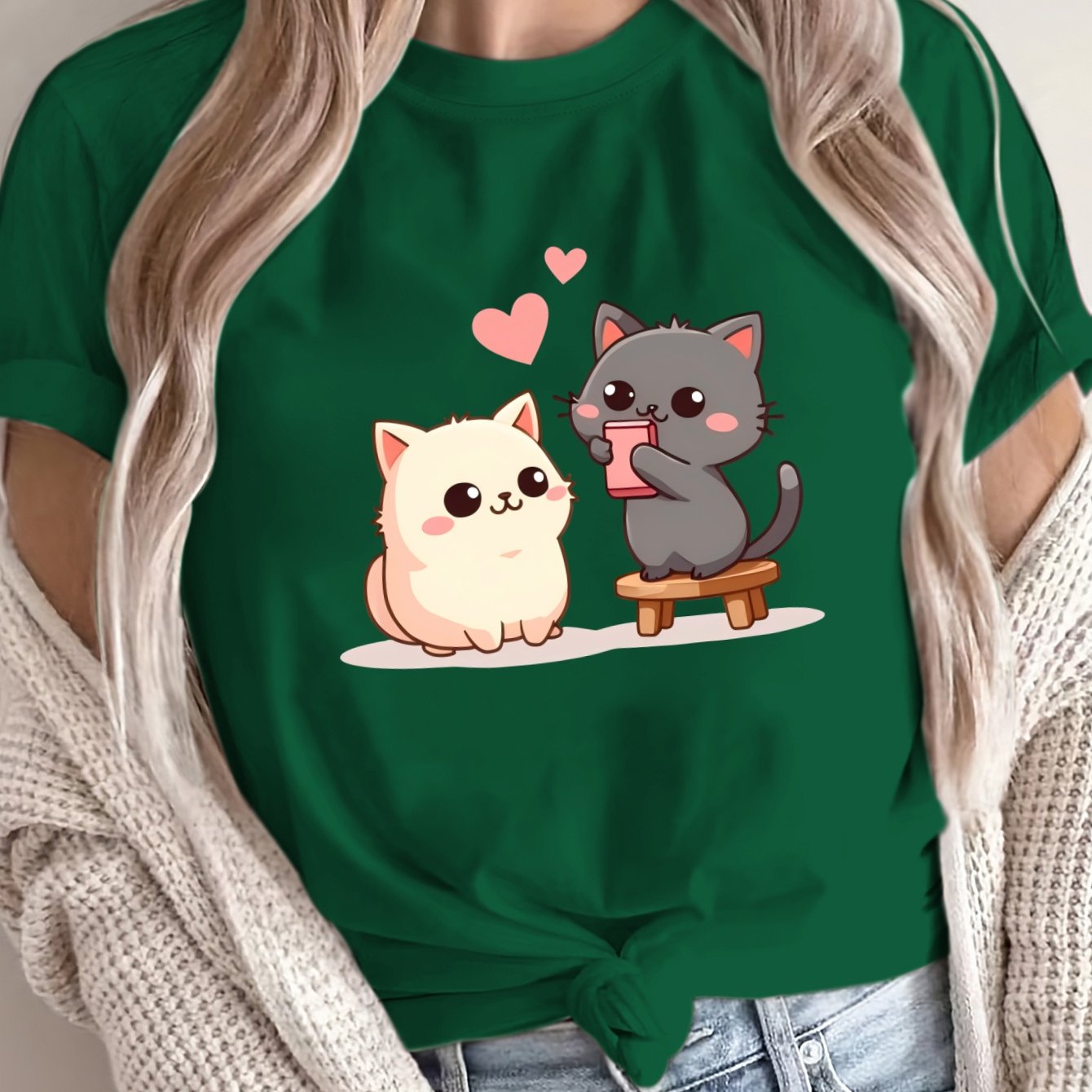 Women's Oversized Polyester T-Shirt with Cat and Heart Graphics, Casual Comfortable Fit