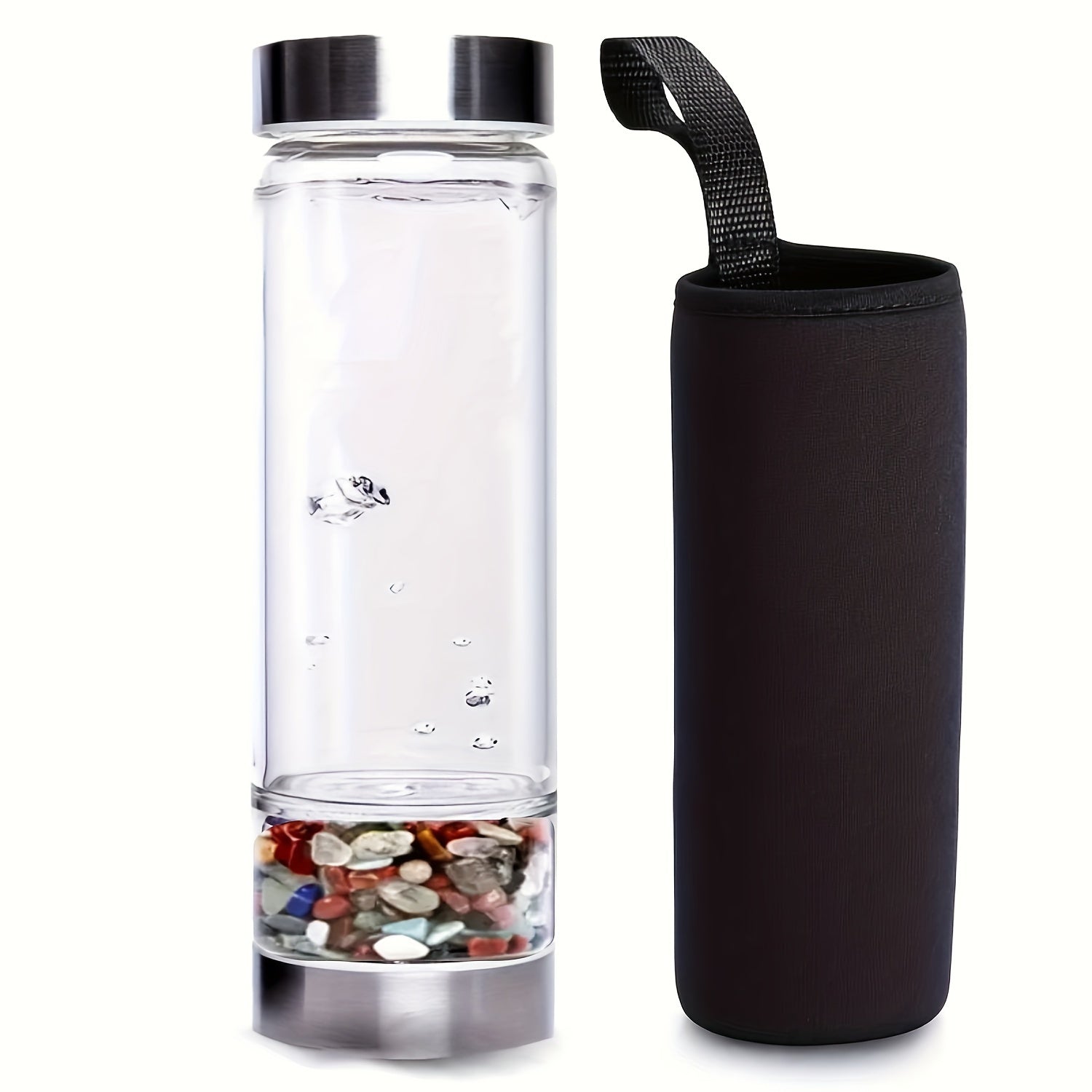 Glass Water Bottle with Amethyst Insert and Protective Cover