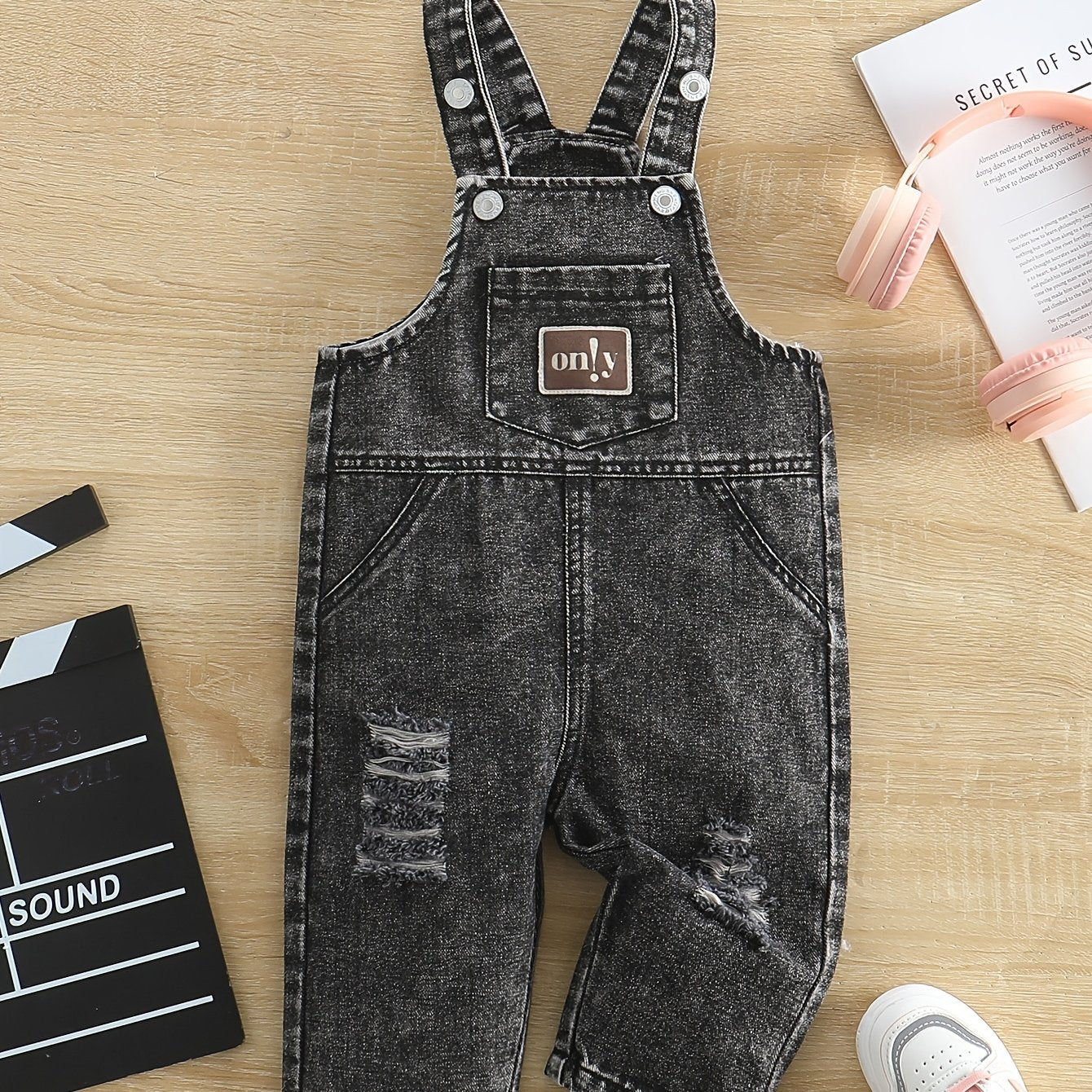 Baby Girl Denim Overalls with Alphabet Pattern Ripped Details Cotton Blend Spring Fall